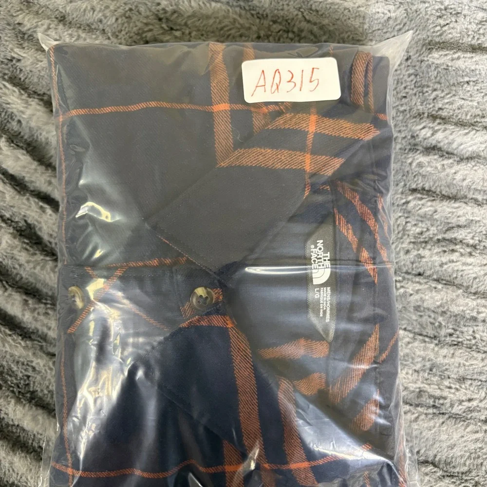 The North Face Mens Large Navy Blue Orange Plaid Cotton Flannel Button Up Shirt